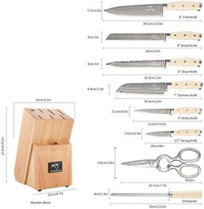 Elevate your cooking experience with the Damascus Kitchen Knife Set, 9 pieces including block, white ABS triple rivet ergonomic handle for chef knives, sharpener and shears, perfect for professional or home use.