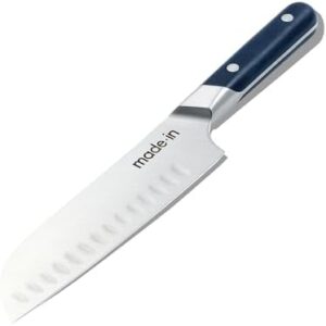 Here is the optimized SEO meta description:

"Elevate your cooking experience with this French-made, full-tang 7" Santoku knife featuring a harbour blue handle for a comfortable grip. Perfect for home chefs and professionals alike."