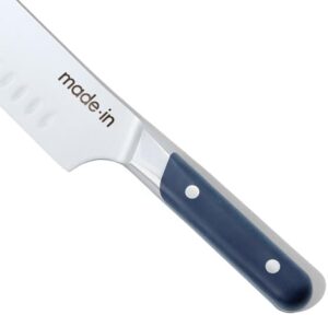 Here is the optimized SEO meta description:

"Elevate your cooking experience with this French-made, full-tang 7" Santoku knife featuring a harbour blue handle for a comfortable grip. Perfect for home chefs and professionals alike."