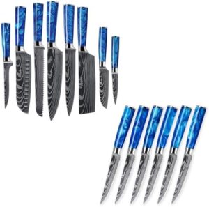 Elevate your cooking experience with SENKEN's Cerulean Blue 14-piece kitchen knife set, featuring 8 chef knives and 6 matching serrated steak knives for precise cuts.