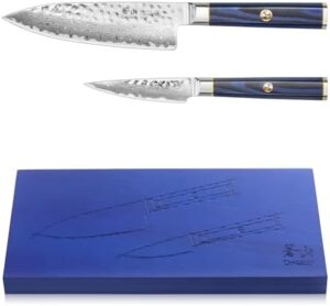 Here is the output:

"Upgrade your kitchen with this KITA Series 2-Piece Starter Knife Set featuring high-carbon X-7 Damascus steel and an ash wood box. Perfect for beginners, includes a 6" chef's knife and 3.5" paring knife."