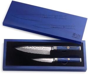Here is the output:

"Upgrade your kitchen with this KITA Series 2-Piece Starter Knife Set featuring high-carbon X-7 Damascus steel and an ash wood box. Perfect for beginners, includes a 6" chef's knife and 3.5" paring knife."
