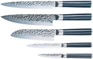 Here is the optimized SEO meta description:

"Upgrade your kitchen with this 5-piece chef knife set made from high-quality German steel and durable ABS handle. Perfect for professional-grade cooking, featuring 55+2 Rockwell hardness and a hammered blade."