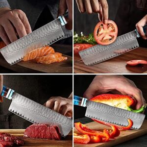 Mastering kitchen tasks with the 3PCS Professional Japanese VG10 Damascus Steel Kitchen Knife Set. Includes chefs knife, paring knife, and santoku knives for precise cuts, comes with a gift box perfect for gifting or storage.