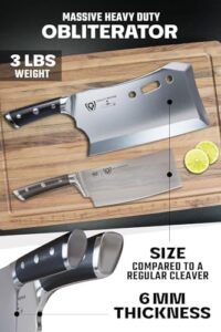 Here is the optimized SEO meta description:

"Shatter meat and veggies with ease using the Obliterator Cleaver Knife, featuring a 9-inch razor-sharp blade, durable G10 handle, and wooden stand & sheath. Perfect for heavy-duty chopping tasks."