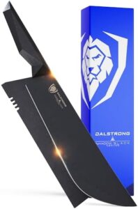 Discover the Bull-Nose Butcher Knife, crafted with high-carbon steel and black titanium nitride coating. Perfect for breaking down large cuts of meat. Includes sheath. Great value at a discounted price!