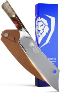 Elevate your kitchen game with the Crixus 8-inch hybrid chef's knife, crafted from razor-sharp 9CR18MOV HC steel and featuring a comfortable red resin and wood handle. Includes leather sheath for storage.