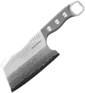 Here is the optimized meta description:

"Elevate your outdoor cooking with this 6-inch Cleaver Knife featuring a green G10 handle and Damascus steel blade, plus a bottle opener for convenience"