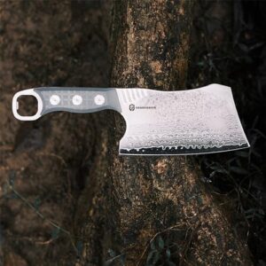 Here is the optimized meta description:

"Elevate your outdoor cooking with this 6-inch Cleaver Knife featuring a green G10 handle and Damascus steel blade, plus a bottle opener for convenience"