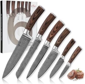 "Sharp cooking skills await with the Damascus Kitchen Knife Set. Six precision-cut knives feature 67 layers of Damascus steel and VG10 core, paired with Pakkawood handles in a gift box."