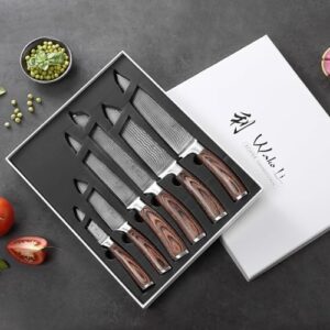 "Sharp cooking skills await with the Damascus Kitchen Knife Set. Six precision-cut knives feature 67 layers of Damascus steel and VG10 core, paired with Pakkawood handles in a gift box."