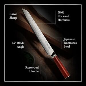 Here is the optimized meta description:

"Cut through meat with precision using this 10-inch Damascus slicer featuring AUS10 steel and a rosewood handle. Perfect for BBQ enthusiasts and chefs, includes gift box."