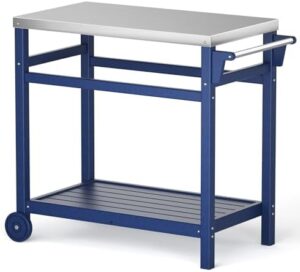 Elevate your outdoor cooking experience with the Portable Outdoor Grill Cart featuring a durable stainless steel top and double-shelf storage. Perfect for BBQ prep and dining, ideal for indoor/outdoor use, navy blue color.