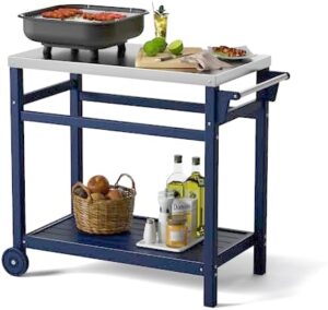 Elevate your outdoor cooking experience with the Portable Outdoor Grill Cart featuring a durable stainless steel top and double-shelf storage. Perfect for BBQ prep and dining, ideal for indoor/outdoor use, navy blue color.