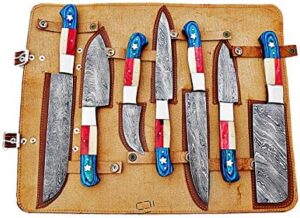 Discover a premium Damascus steel chef knife set with 7 handcrafted pieces, featuring red, blue wood, and bone handles. Perfect for cooking enthusiasts and professionals alike, these durable knives ensure precise cuts and long-lasting performance.