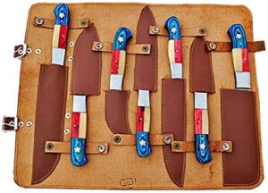 Discover a premium Damascus steel chef knife set with 7 handcrafted pieces, featuring red, blue wood, and bone handles. Perfect for cooking enthusiasts and professionals alike, these durable knives ensure precise cuts and long-lasting performance.
