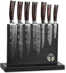 "Upgrade your kitchen with this 7-piece high-carbon stainless steel knife set, hand-forged for precision and durability. Includes magnetic block for convenient storage."