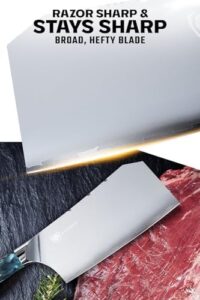 Discover the Valhalla Series 7 Inch HC Steel Meat Cleaver, a razor-sharp knife with celestial resin and wood handle. Perfect for heavy-duty slicing, comes with leather sheath.