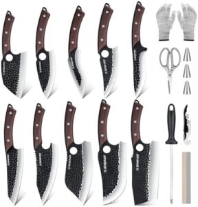 Here is the optimized SEO meta description:

"Sharp and durable, this 17-piece hand-forged kitchen knife set includes a carrying bag and 6 accessories for effortless meat cutting. Perfect for home cooks and outdoor enthusiasts."