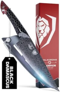 Here is the generated meta description:

"Sharpens your cooking skills with this 8 in Chef Knife from Scorpion Series, featuring Japanese V12 Ultra steel and a black Damascus finish. Includes a black & red honeycomb resin handle and 8-inch sheath."