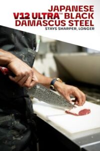 Here is the generated meta description:

"Sharpens your cooking skills with this 8 in Chef Knife from Scorpion Series, featuring Japanese V12 Ultra steel and a black Damascus finish. Includes a black & red honeycomb resin handle and 8-inch sheath."