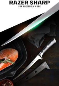 Here is the optimized meta description:

"Sharp kitchen knife with 7-inch flexible blade and high-carbon German steel, perfect for filleting and boning. Includes two sheaths for safe storage. NSF certified and gift-ready."