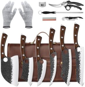 Discover the ultimate butcher knife set for your kitchen, featuring high carbon steel hand-forged knives, perfect for meat carving and boning. Includes accessories and a leather bag.