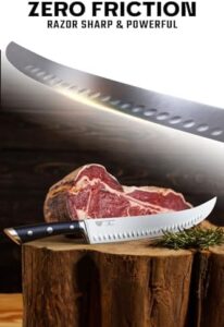 Here is the meta description:

"Get razor-sharp results with this 14-inch Gladiator Series Elite butcher knife, forged from high-carbon German steel. Perfect for slicing and dicing, this NSF-certified knife comes with a sheath included. Great gift idea!"