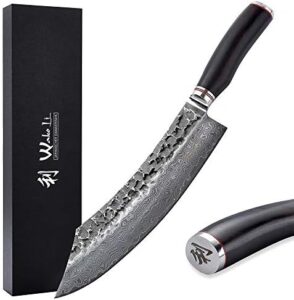 Discover the ultimate butcher's knife with 67-layer Damascus steel and VG10 core. Perfect for meat cutting, this sharp kitchen knife features a dark oak wood handle and exceptional durability.