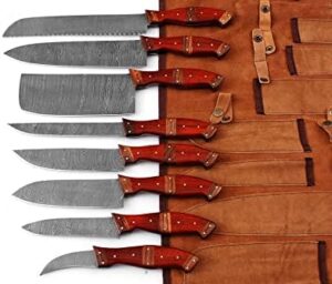 Elevate your culinary skills with this custom handmade Damascus steel blade kitchen chef knife set, featuring 8pcs Damascus knives with leather case roll bag. Perfect for professional chefs and BBQ enthusiasts.