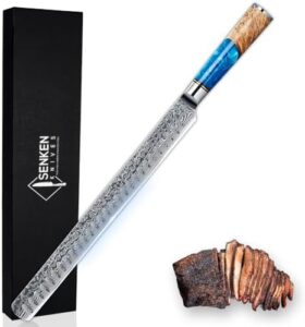Here is the optimized meta description:

"Sharp precision meets elegant design with SENKEN's 12" Damascus Steel Brisket Knife. Features 67-Layer Japanese VG10 Steel and Blue Resin Burl Wood Handle for ultra-sharp carving of brisket, meat, roasts, and large fruit. Unlock exclusive deals & discounts now!"
