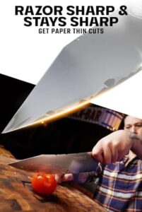 Here is the optimized meta description:

"Upgrade your kitchen with Valhalla Series' 9.5 inch chef's knife, featuring 9CR18MOV HC Steel and a razor-sharp edge. Includes leather sheath for convenient storage."