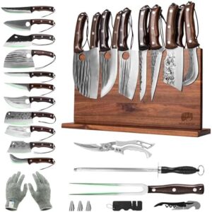 Here is the generated SEO meta description:

"Elevate your cooking experience with this 19-piece butcher chef knife block set featuring high carbon steel full tang cleavers and a convenient holder for home, BBQ, or camping."