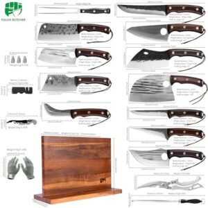 Here is the generated SEO meta description:

"Elevate your cooking experience with this 19-piece butcher chef knife block set featuring high carbon steel full tang cleavers and a convenient holder for home, BBQ, or camping."