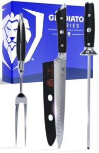 Discover the ultimate carving experience with our Gladiator Series Elite set, featuring a sharp 9" honing rod and hollow ground knives. Perfect for home cooks and professionals alike!