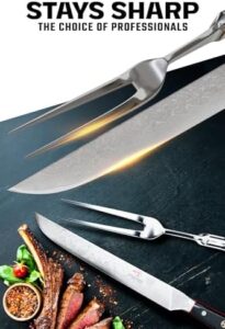 Discover the ultimate carving set, featuring a 9-inch Shogun Series ELITE knife and fork with Japanese AUS-10V super steel and Damascus construction. Perfect for BBQ enthusiasts!
