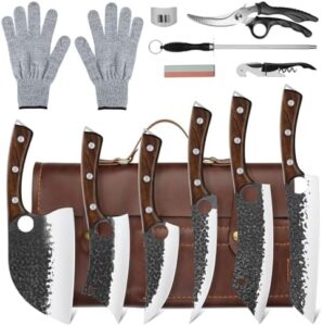 Elevate your cooking experience with this 12-piece hand-forged Serbian butcher knife set, featuring meat cleaver and boning knives. Includes roll bag for home use or outdoor adventures.