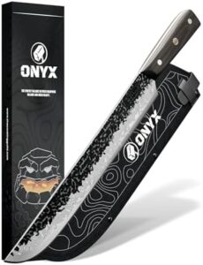 Discover the ultimate brisket knife for precise meat carving. Features 67 layers of Japanese Damascus steel and a fortified G10 handle, ensuring perfectly balanced cuts. Includes protective ONYX sheath for safe storage.