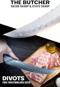 Discover the Valhalla Series 10-inch butcher knife, crafted with razor-sharp 9CR18MOV HC steel and a celestial handle. Perfect for BBQ enthusiasts and meat slicers. Includes leather sheath for added protection.