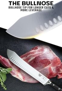 Discover the ultimate cutting tool: Bull Nose Butcher Knife, featuring 10-inch high-carbon premium German steel and a durable G10 handle. Perfect for BBQ enthusiasts, includes NSF-certified sheath guard.