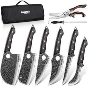 Discover the Serbian Chef Knife Set, a 6-piece hand-forged butcher knife set perfect for meat cutting and outdoor activities. Includes bag for kitchen or camping use, great birthday gift idea for men.