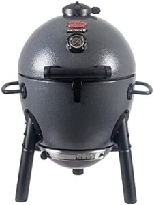 Here is the optimized SEO meta description:

"Portable charcoal grill with ceramic heat retention for consistent cooking results. Compact design perfect for camping or small outdoor spaces. Includes cover for easy storage and protection."