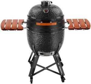 Get ready to grill anywhere! This portable 23.5-Inch Kamado Charcoal Grill with Cover has a cart and side shelves for home parties or backyard cooking.