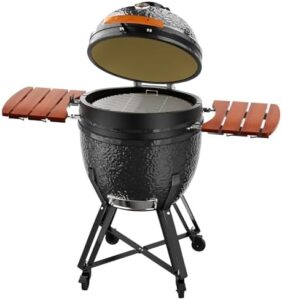 Get ready to grill anywhere! This portable 23.5-Inch Kamado Charcoal Grill with Cover has a cart and side shelves for home parties or backyard cooking.