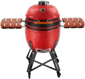 Portable charcoal grill with cart and side shelves for home party and outdoor cooking. Compact design perfect for backyard gatherings or small spaces.