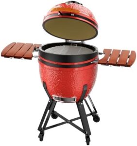 Portable charcoal grill with cart and side shelves for home party and outdoor cooking. Compact design perfect for backyard gatherings or small spaces.
