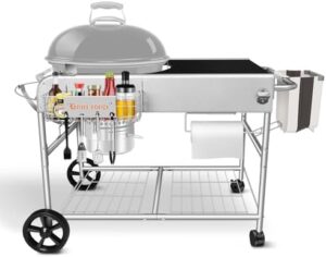 Enrich your outdoor cooking experience with this premium grill table and cover for Weber Kettle grills. Features a sturdy cart, large surface, and durable design for effortless entertaining.