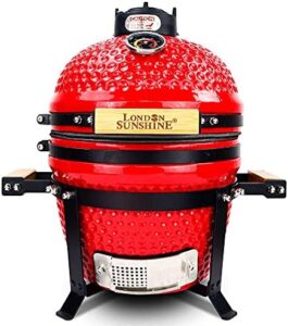Savor outdoor gatherings with the Ceramic BBQ Charcoal Kamado Grill, a portable 13-inch tabletop grill featuring a red ceramic exterior and excellent heat retention. Perfect for camping trips or backyard barbecues!