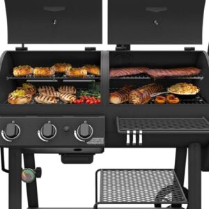 Delve into the art of slow-cooked flavors with Canyon's Deluxe Smoker & Grill. Combining charcoal and propane for flexibility, it features a black steel design, perfect for outdoor gatherings.