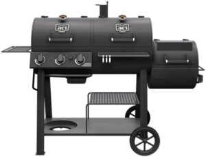 "Smoking and grilling just got a whole lot easier with the Canyon Charcoal and Propane Gas Combination Smoker and Grill. Perfect for BBQ enthusiasts, this black steel model features dual fuel capabilities and a compact design."